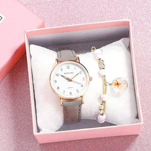 Women quartz watch and dried flower bracelet gift set with pink box, elegant student style.