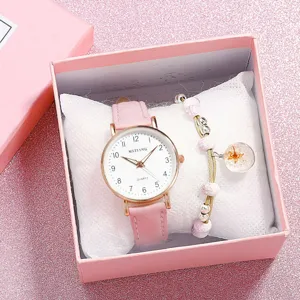 Chic pink quartz watch and handmade beaded bracelet gift set for women, elegant daily wear.