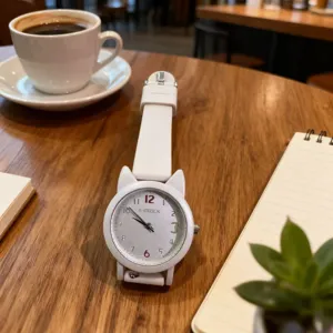 Orologio al quarzo jelly bianco da donna con design a gatto, vista dettagliata su tavolo.