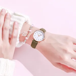 Women quartz watch with green leather strap elegant vintage minimalist small wristwatch daily