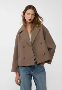 Detailed view of women's brown double-breasted wool coat, lapel collar, chic short outerwear.