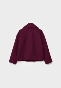 Womens short burgundy wool blend jacket with lapel collar and double breasted design detail.