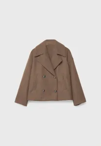 Brown double-breasted short wool coat for women, casual lapel long sleeve jacket.