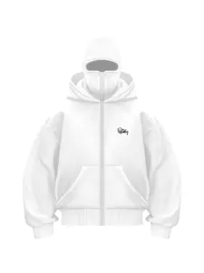 Sweat à capuche blanc doublé polaire avec masque intégré, veste streetwear ample et décontractée.