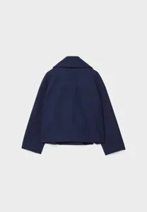 Back detail view of casual navy blue wool lapel short coat for women, elegant style.