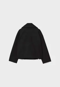 Detail view of black cropped wool blend jacket back, premium fabric texture and clean tailoring.
