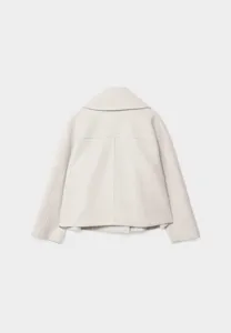 Back view detail of a chic beige short woolen lapel blazer jacket, premium soft winter fabric.