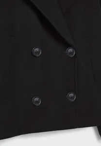 Close-up detail shot of black double breasted wool blend blazer lapel and buttons.