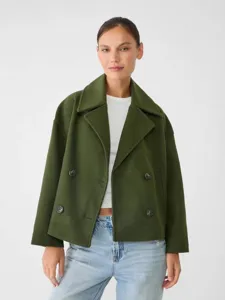 Women short wool blend double breasted lapel blazer jacket casual dark green outerwear