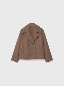 Women's short brown wool blend double breasted lapel jacket casual winter outerwear