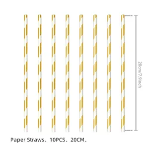 Goldene gestreifte Papier-Trinkhalme Detailansicht, 20 cm Länge, ideal für Party Dekoration.