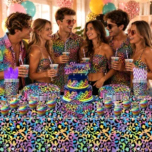 Bunt Neon Leopardenmuster Partygeschirr Set mit Papptellern Bechern und Tischdecke