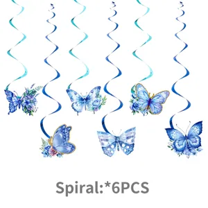 Close-up detail of blue butterfly hanging swirls with floral watercolor designs and ribbons.
