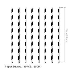 Detailed view of black and white striped paper straws, 20cm length, perfect for party decor.
