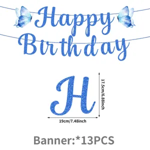 Close-up detail of blue glitter birthday banner letter H with dimensions and 13pcs spec.