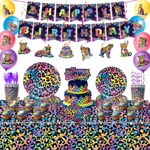 Neon Leopardenmuster Partyzubehör Geburtstagsdeko Banner Pappteller Becher Servietten Tischdecke Ballons Tierparty Zubehör