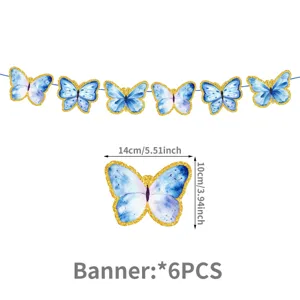 Blue watercolor butterfly banner party decoration set with six pieces, size 14x10cm for events.