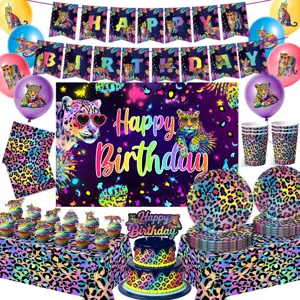 Buntes Neon Leo Print Geburtstag Party Deko Set mit Banner Teller Bechern Ballons.
