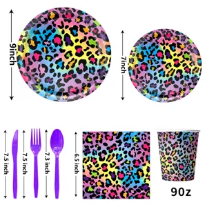 Buntes Neon-Leopardenmuster Partygeschirr Set mit Papptellern, Bechern, Servietten und Besteck.