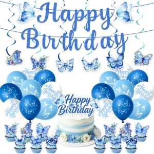 Blue butterfly birthday party decoration set with hanging swirls, balloons, and cake toppers.