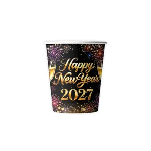 Black gold New Year disposable paper cup with fireworks design for party decoration