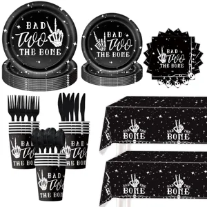 Black skeleton theme party tableware set disposable paper plates cups napkins spooky decor