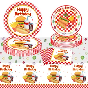 Fast Food Geburtstag Party Geschirr Set Pappteller Servietten Tischdecke Burger Deko