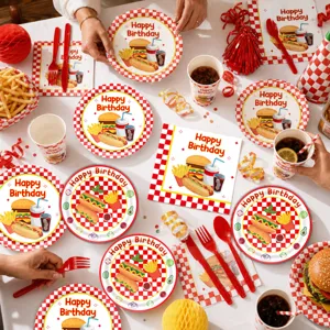 Hotdog Burger Thema Pappteller Becher Servietten Geschirr Set für Geburtstag Party