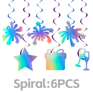 Holographic hanging spiral party decoration details, colorful swirl and festive shapes for events.