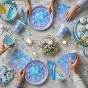 Blaues Schneeflocken Partygeschirr Set, Einweg Pappteller, Becher und Servietten Geburtstag.