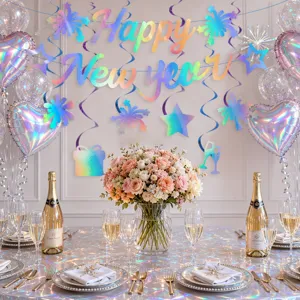 Happy New Year party hanging banner and swirl decorations for holiday celebration setup.