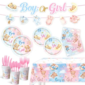 Süßes Teddybär Gender Reveal Party Dekoration Set Bedrucktes Papier Geschirr Banner Ballons Für Baby Shower Feier Zubehör