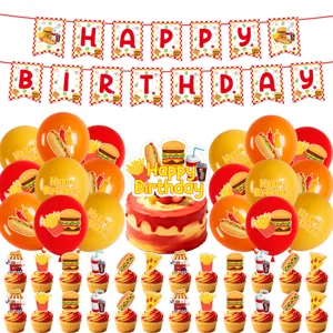 Fastfood Geburtstag Party Dekoration Set mit Banner, bunten Ballons und Kuchen Topper.