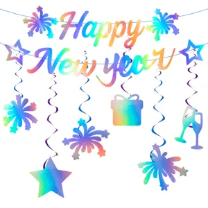Holographic New Year party banner hanging swirl decorations for holiday celebration setup.