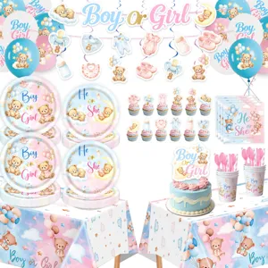 Gender Reveal Party Deko Set mit süßem Teddybär Motiv, Pappteller, Bechern, Ballons und Girlanden.