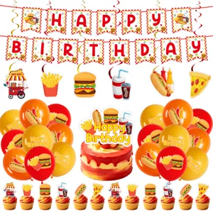 Fastfood Thema Geburtstag Party Dekoration Set mit Banner Luftballons und Kuchen Topper.