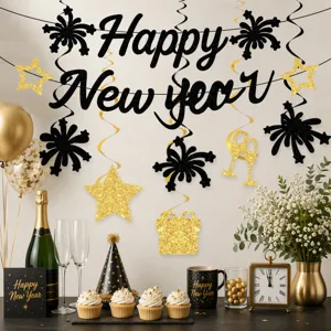 New Year party hanging banner gold glitter swirls party decoration set festive supplies