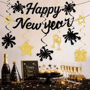 New Year party decoration scene details, elegant black and gold glitter hanging banner set.