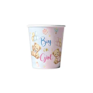 Geschlecht enthüllung Pappbecher mit süßem Teddybär Aquarell Design für Babyparty Zubehör.