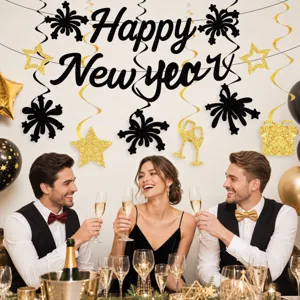 Happy New Year party decoration banner and hanging swirls glitter gold black set for celebration