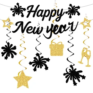 New Year party decoration banner hanging swirls gold glitter set for holiday celebration.