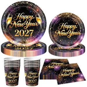 Happy New Year 2027 Party Decorations Black Gold Fireworks Print Disposable Tableware Paper Plates Cups Napkins Tablecloth For Eve Party Celebration