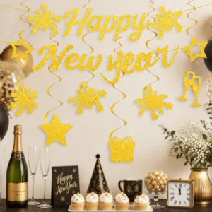 Gold glitter Happy New Year party hanging banner and swirl decorations for holiday celebration.