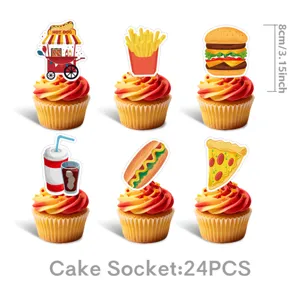 Fastfood Cupcake Topper Set, 24 Stueck Burger Hotdog Torten Deko fuer Geburtstag Party.