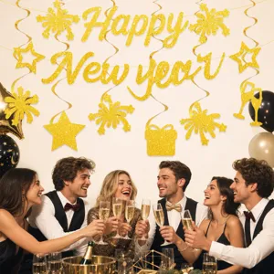 Gold glitter Happy New Year banner and hanging swirls party decorations for celebration.
