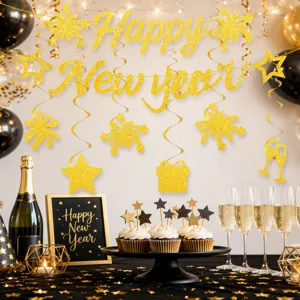 New Year party decoration gold glitter banner hanging swirls set for celebration decor