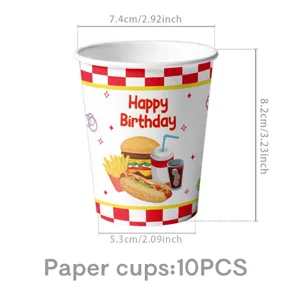 Detailansicht des Geburtstagspapierbechers mit Abmessungen, Burgermotiv und 10er Set.