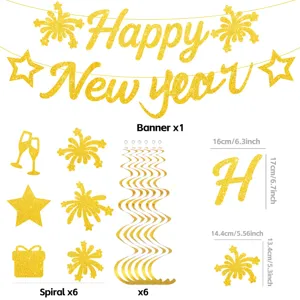 Gold glitter New Year party decoration set, happy new year banner and hanging swirls.