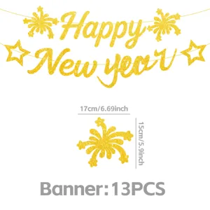 Gold glitter Happy New Year banner party hanging decoration set with 13 pieces supplies