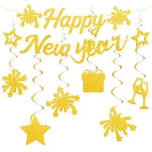 Gold glitter New Year hanging decorations banner party swirls set for holiday celebration.